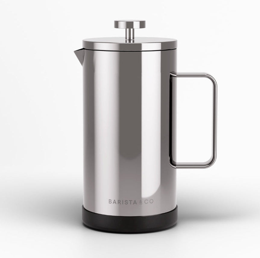 A sleek stainless steel French press coffee maker with a matte black base and a matching metal handle, shown on a clean white background.