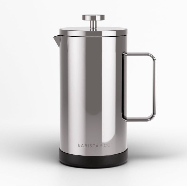 A sleek stainless steel French press coffee maker with a matte black base and a matching metal handle, shown on a clean white background.