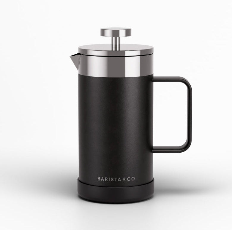 A matte black French press with stainless steel accents and a black handle, shown on a clean white background. The brand name 'BARISTA & CO' is printed in white near the base.