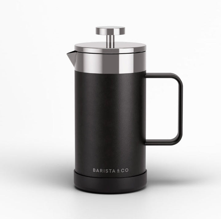 A matte black French press with stainless steel accents and a black handle, shown on a clean white background. The brand name 'BARISTA & CO' is printed in white near the base.