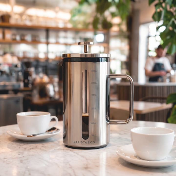Silver Exos Coffee Press Lifestyle