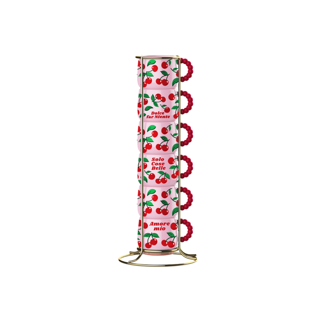 Decorative cylindrical container with cherry design on a white background
