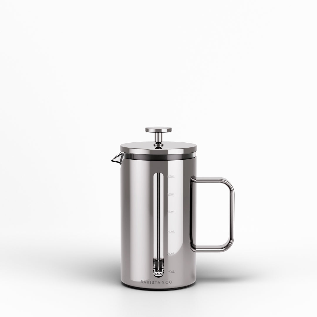 A stainless steel French press with a side handle and a metal plunger, shown on a clean white background.
