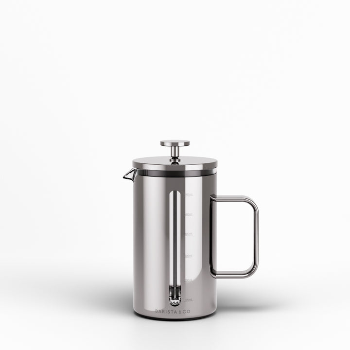 A stainless steel French press with a side handle and a metal plunger, shown on a clean white background.