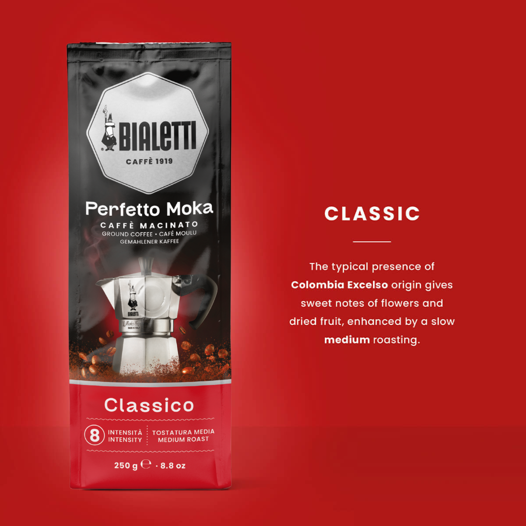 Bialetti Perfetto Moka coffee package on a red background