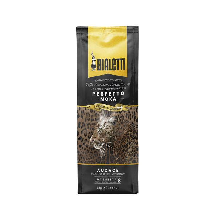 A 200g bag of Bialetti Perfetto Moka Audace cat food, featuring a black and gold design with a leopard graphic on the front.